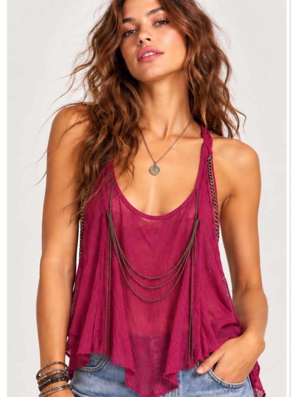 Free People Vintage Magenta Viscose Whimsy  Boho Fairy Grunge Racerback Tank Sm